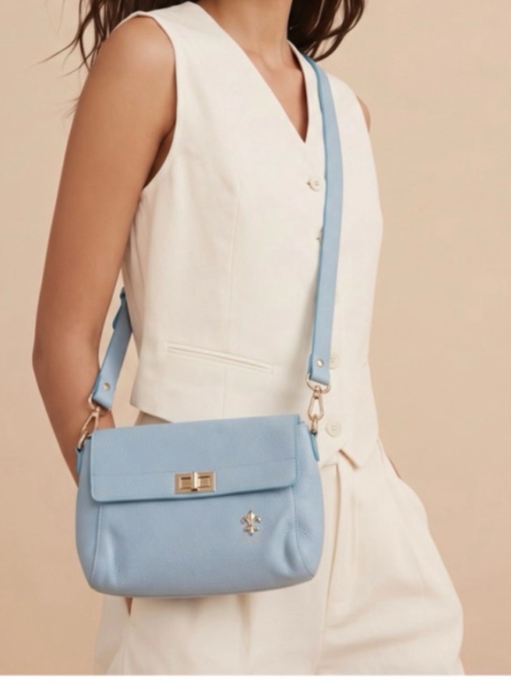 Virginia Conti Italy Light Blue Pebbled Leather Turn-Lock Handbag